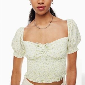Aritzia Sunday Best Green Puff Sleeve Smocked Crop Top